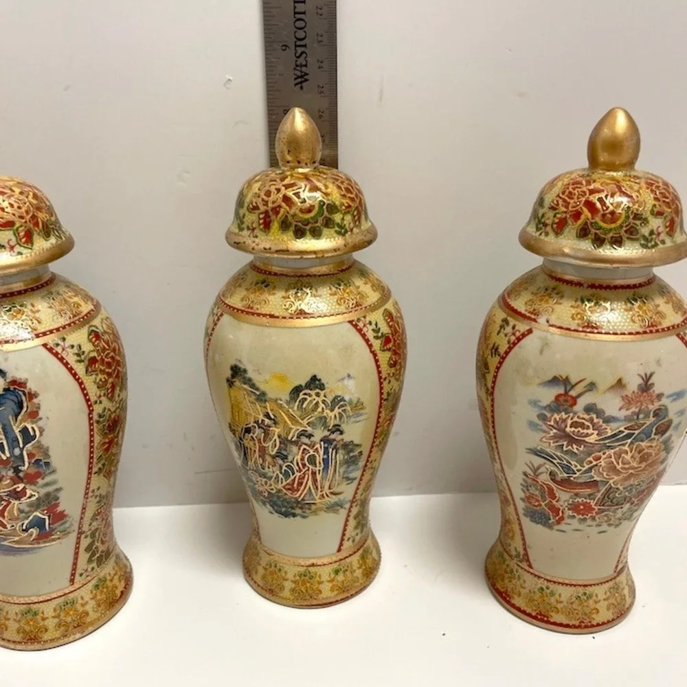 Set of 4 Vintage Mid-Century Satsuma Style Lidded Temple Jars 8 Inches Lot 2